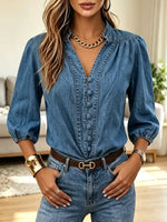 Retro V-neck Art Casual Stylish Button Short Sleeve Denim Shirt