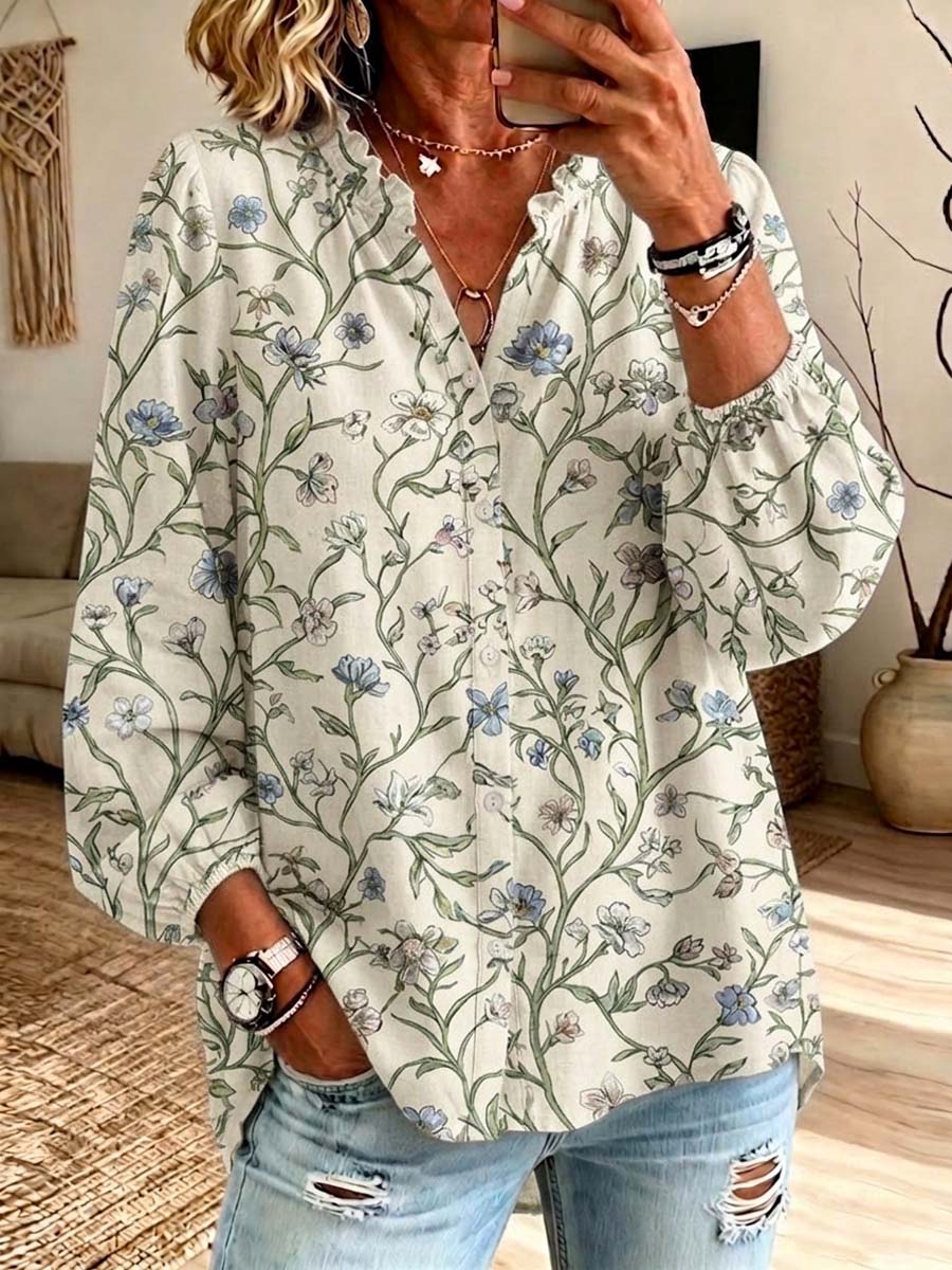Retro Floral Pattern Art Print Casual Long Sleeve Cotton Linen Shirt