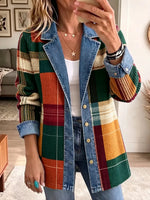 Retro Plaid Pattern Art Casual Denim Patchwork Stylish Long Sleeve Coat