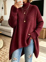Women Oversized Turtleneck Asymmetric Hem Loose Knit Sweater