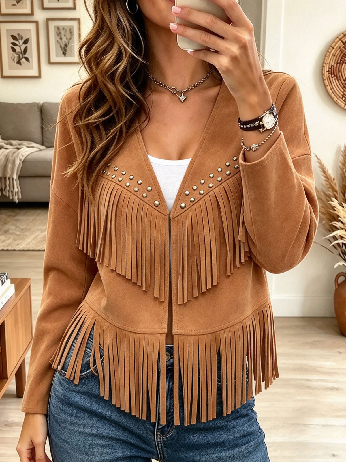 Women's Faux Suede Fringe Cardigan Coat with Studded Metal Details Open Front Tops