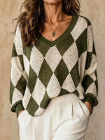 Women V‑Neck Argyle Diamond Pattern Hollow Knit Long‑Sleeve Sweater