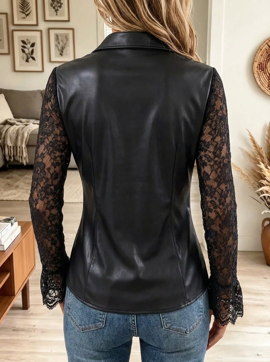 Women's Lace Sleeve Button-Down Faux Leather Shirt