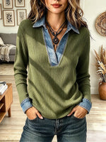 Vintage Elegant Knitted Patchwork Denim Shirt