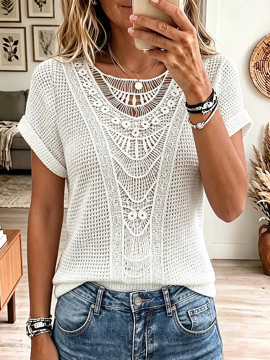Vintage Elegant Waffle Patchwork Openwork Lace Shirt