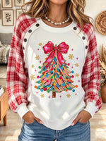 Women's White Christmas Tree Graphic Sweatshirt with Plaid Sleeves and Bow