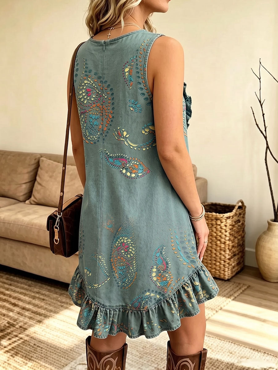 Vintage Elegant Patterned Print Patchwork Trim Ruffle Dress