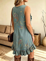 Vintage Elegant Patterned Print Patchwork Trim Ruffle Dress