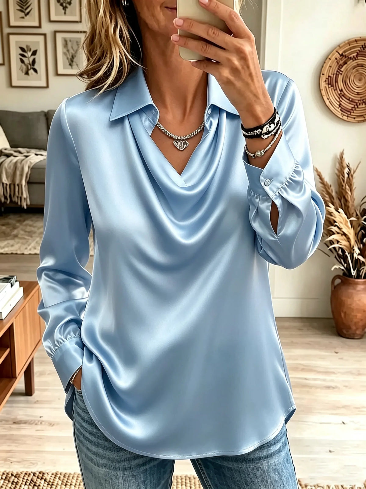 Women's Cowl Neck Collared Satin Blouse