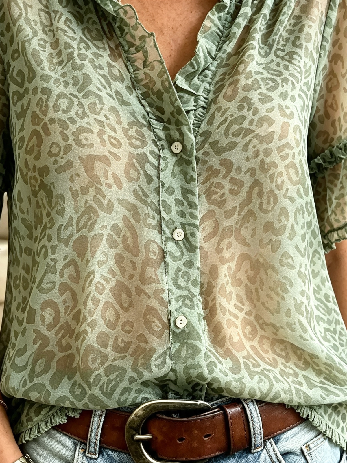 Women's Sheer Leopard Ruffle Short Sleeve Blouse
