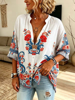 Retro Floral Pattern Art Print Casual Long Sleeve Cotton Linen Shirt