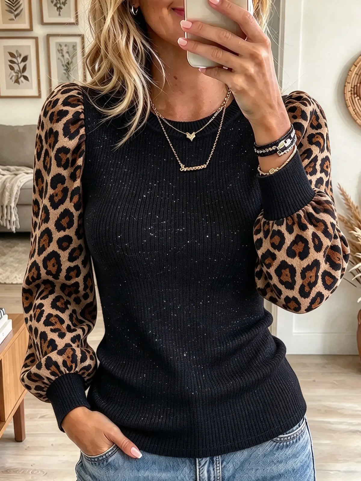 Women's Leopard Puff Sleeve Shimmer Knit Top