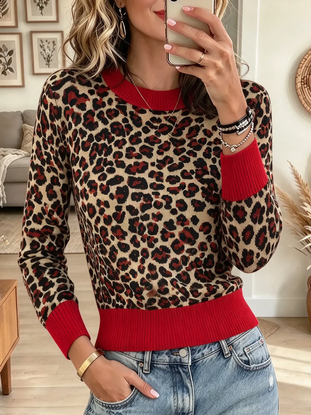 Women's Leopard Print Red Trim Crewneck Sweater