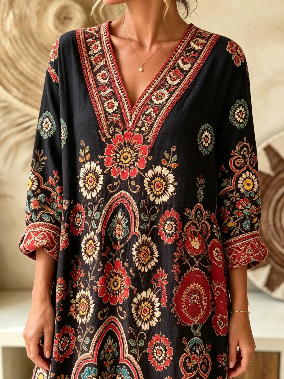 Women's Black Base Large Floral Ethnic V-Neck Loose Three-Quarter Sleeve Maxi Dress