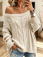 Off‑Shoulder Cable Knit Sweater, Loose Hollow Long Sleeve Knit Top