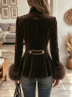 Women's Brown Velvet Military Peplum Jacket with Braided Cords and Faux Fur Cuffs