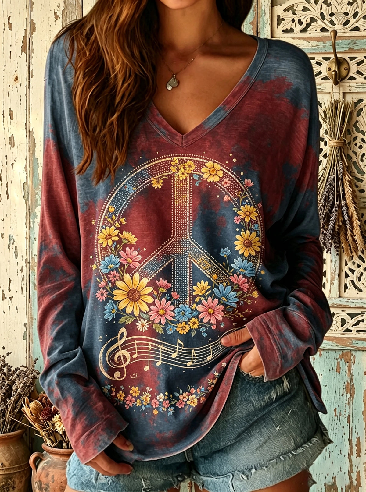 Women's Floral Peace Sign Print V-Neck Top