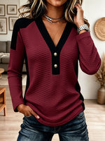 Women Color Block V Neck Button Long Sleeve Textured Casual Henley Top