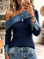 Women's Denim Patchwork One-Shoulder Ribbed Top