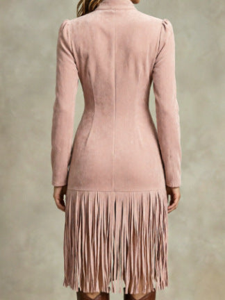 Women Western Faux Suede Zip Front Fringe Midi Dress