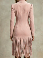 Women Western Faux Suede Zip Front Fringe Midi Dress