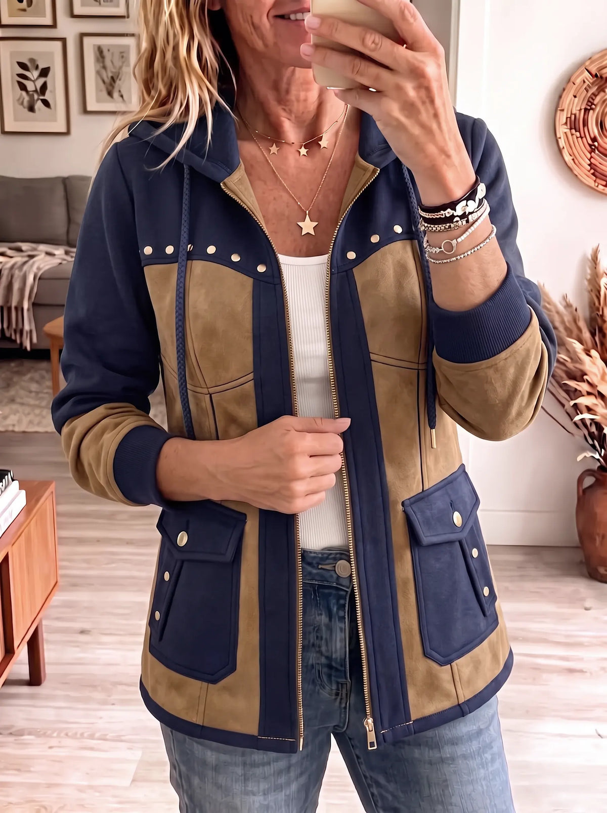 Women's Studded Hooded Jacket - Western Colorblock Zip-Up Utility Coat