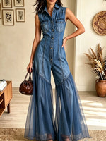 Women's Sleeveless Tulle Panel Denim Jumpsuit