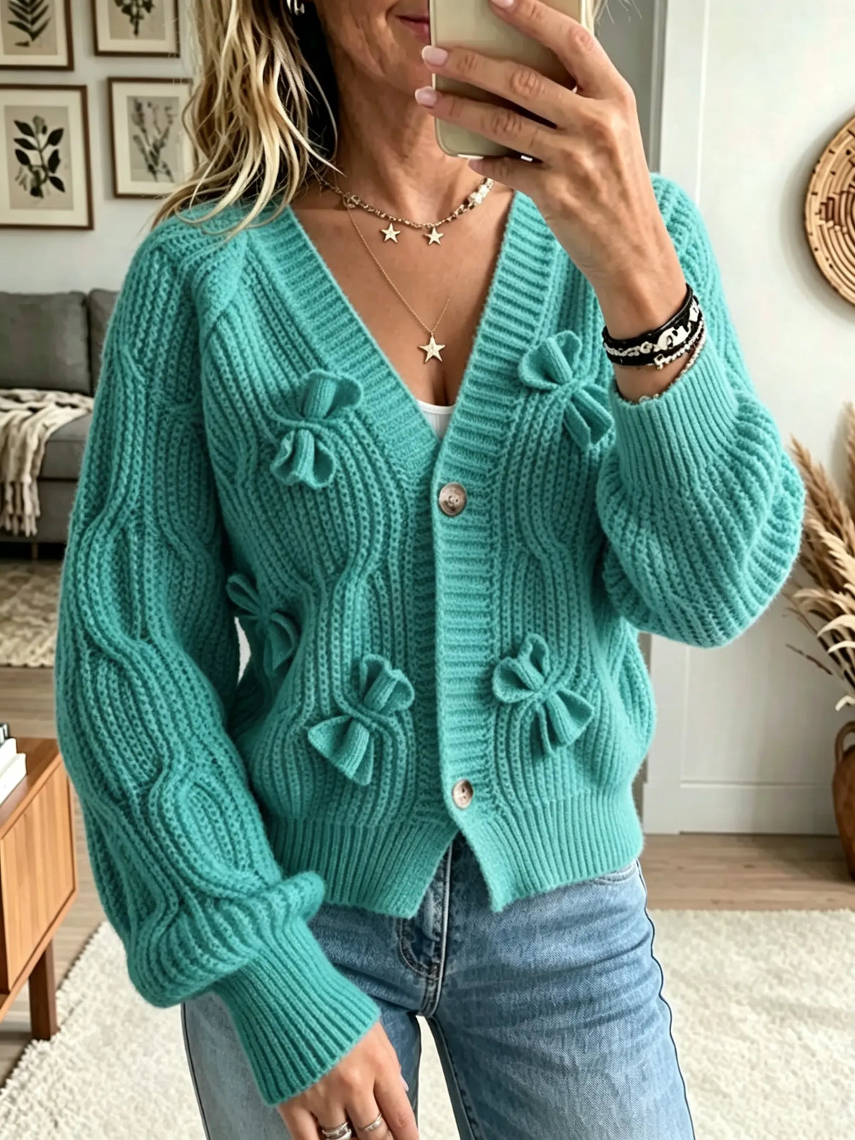 Women's 3D Bow Accent Cable Knit Cardigan