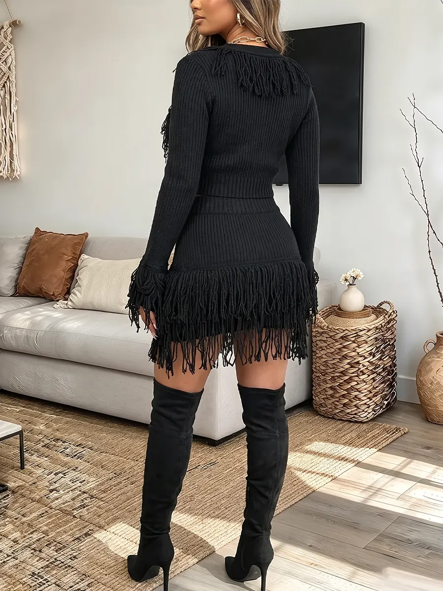 Vintage Elegant Knitted Fringe Top And Skirt Two-piece Set
