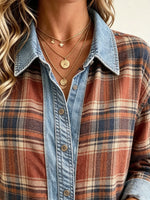 Women's Plaid Denim-Patch Button-Down Shirt