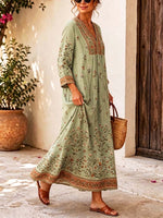 Retro Floral Pattern Art Print Casual V-neck Cotton Linen Maxi Dress