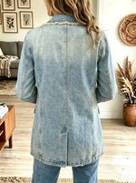 Women's Frayed Edge Double-Breasted Long Denim Blazer