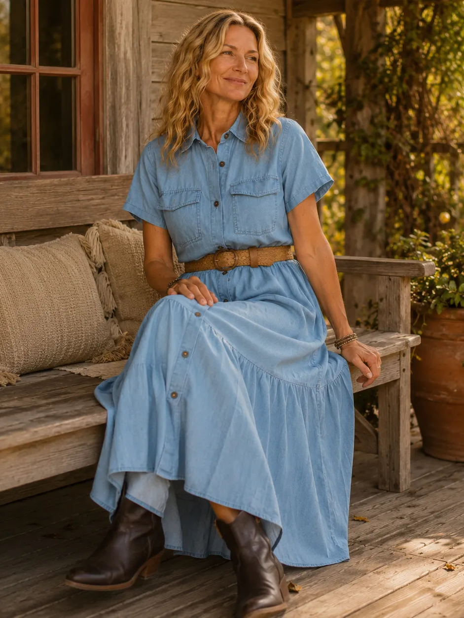 Women's Tiered Short Sleeve Denim Maxi Dress