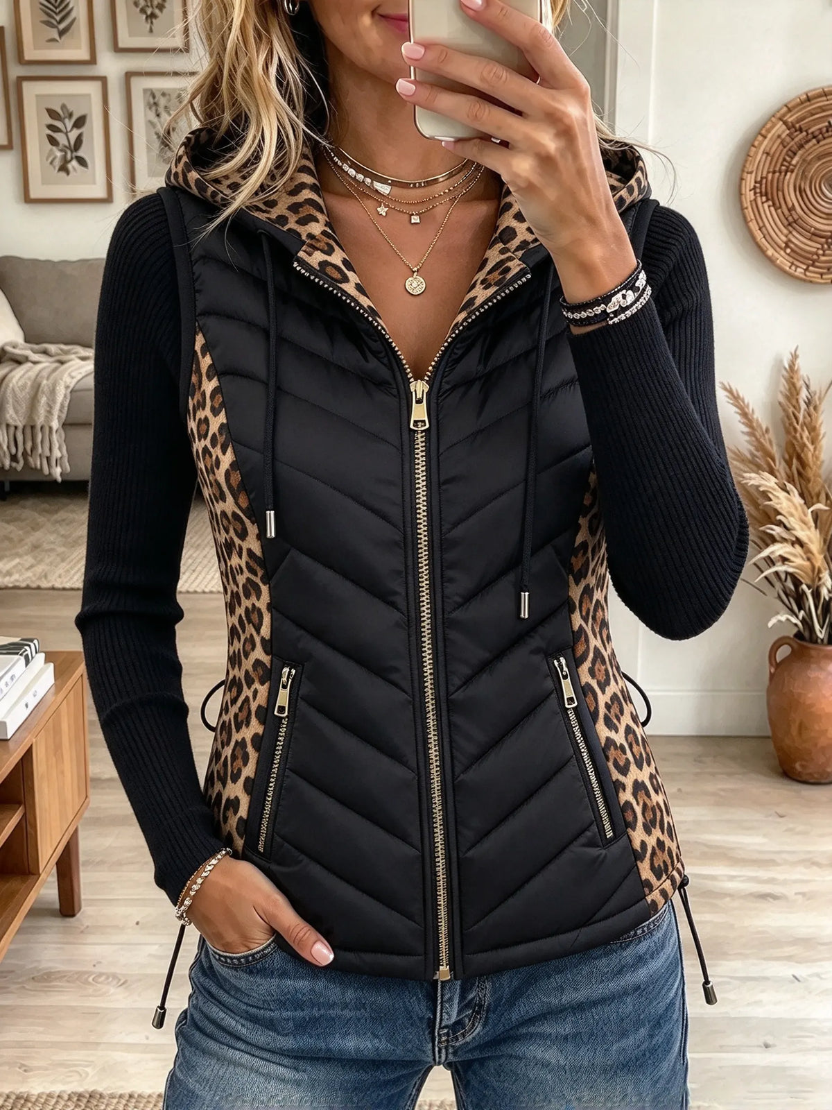 Women's Leopard Panel Hooded Puffer Jacket