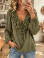 Vintage Elegant Cotton And Linen Patchwork Ruffles Shirt