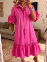 Women 3D Rose Sleeve Shirt Midi Dress Button Down Ruffle Hem Dress With Pockets