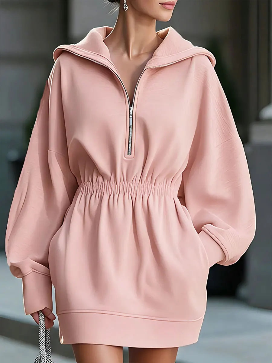 Retro Solid Color Hooded Art Casual Stylish Short Sweatshirt Mini Dress