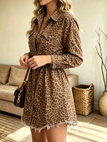 Women's Frayed Hem Leopard Print Denim Shirt Dress