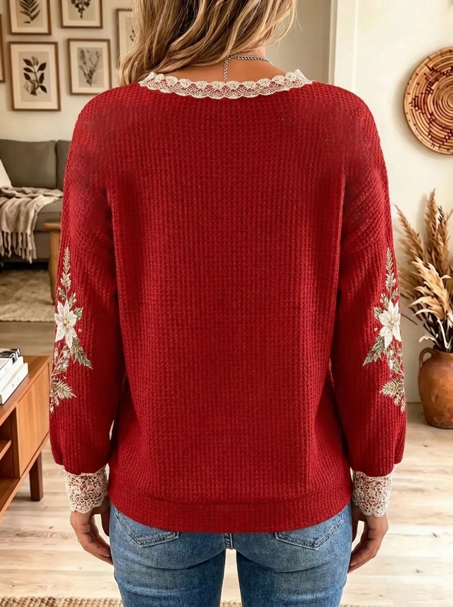 Women's Lace Trim Print Christmas Tree Waffle Knit Top