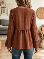 Pleated Front Ruffled Bell Sleeve Babydoll Tunic Blouse
