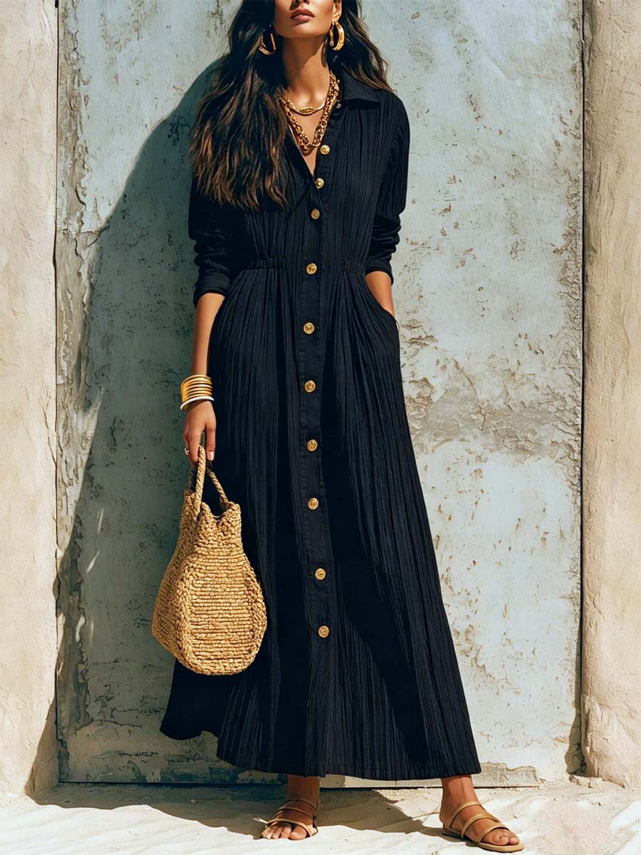 Retro Elegant Lapel Art Button Casual Long Sleeve Stylish Long Dress