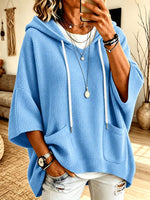 Women Waffle Knit Half‑Sleeve Hooded Oversized Top With Pockets