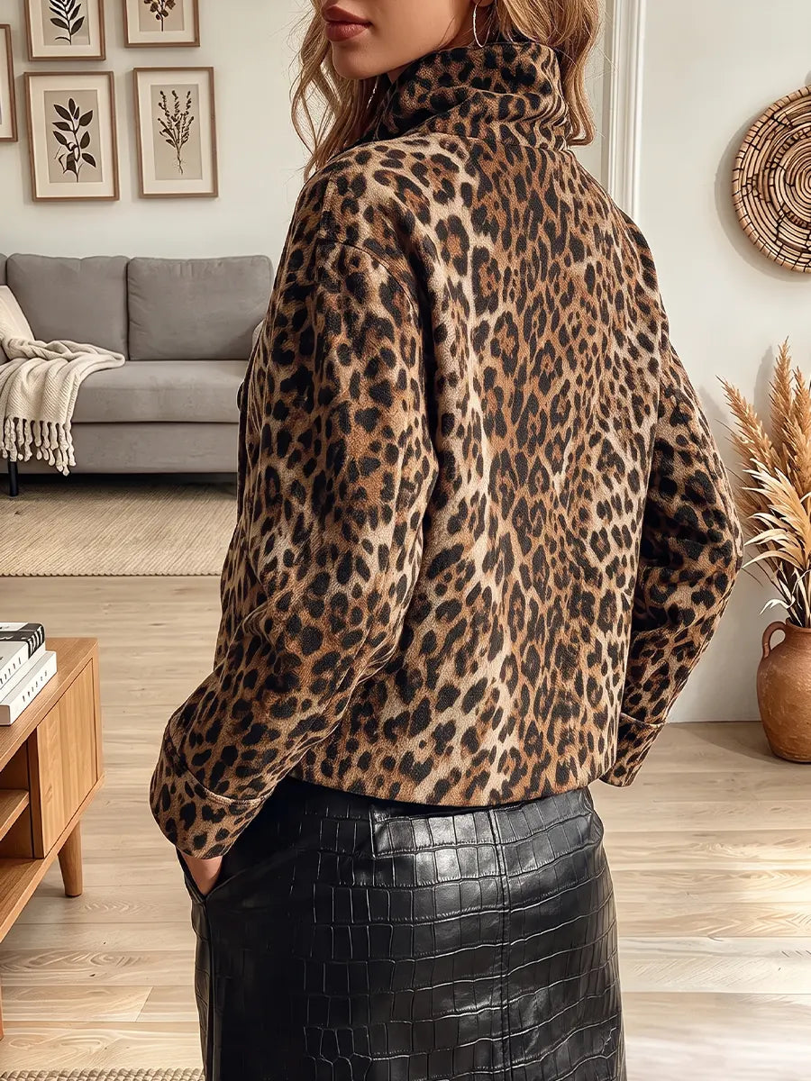 Vintage Elegant Leopard Print Asymmetrical Suede Jacket