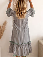Green Trim Stripe Flounce Sleeve Pocket Midi Dress