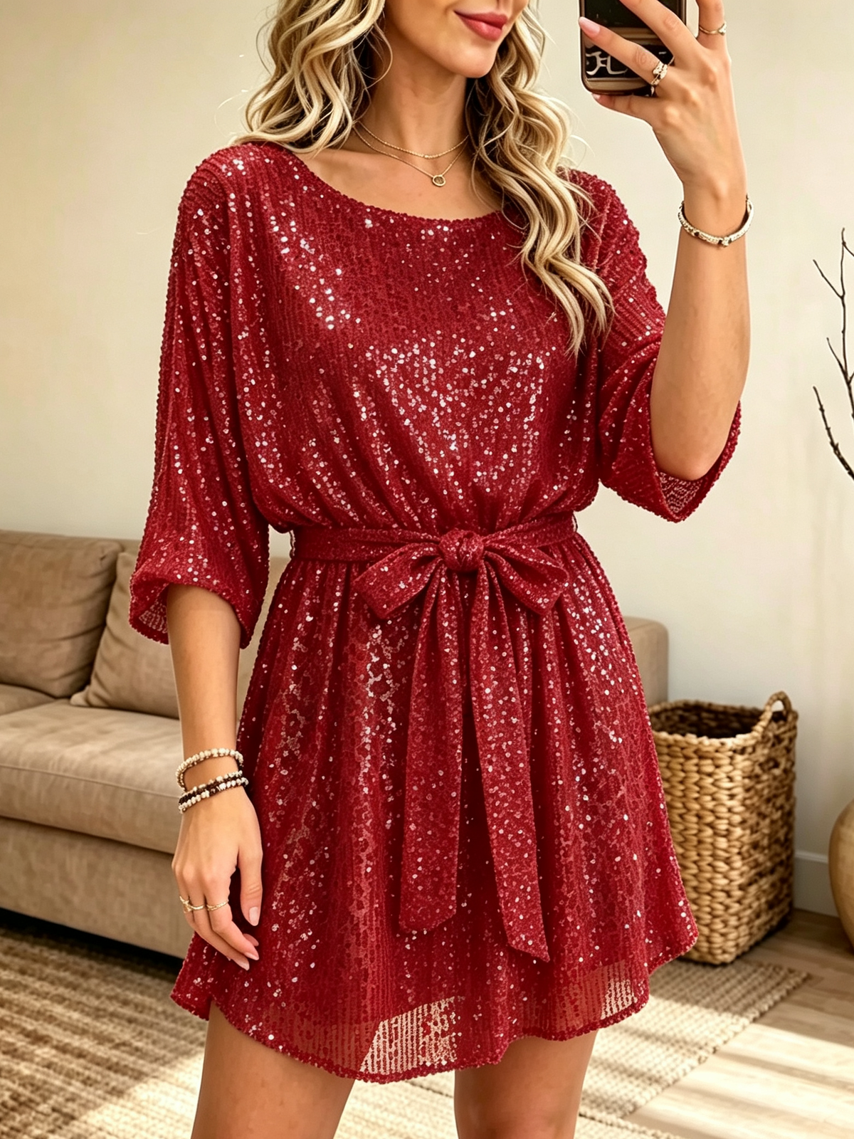 Women's Belted Sequin A-Line Mini Dress