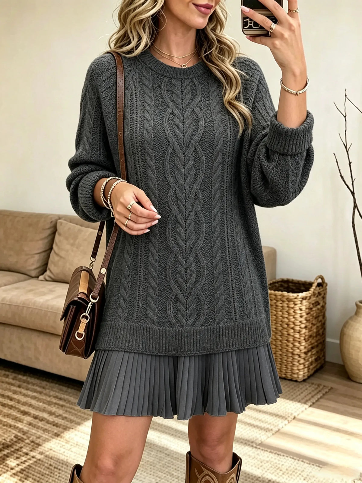 Women's Cable Knit Pleated Hem Sweater Dress