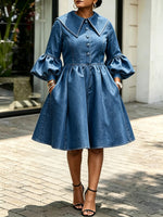 Women Denim Fit‑and‑Flare Midi Dress Large Sailor Collar Puff 3/4 Sleeve Button Front Dress With Pockets