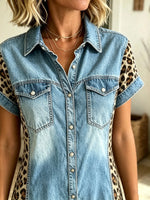 Women's Leopard Panel Denim Shirt Dress