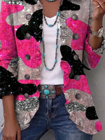 Retro Shiny Pink Pattern Art Print Ruffle Casual Stylish Cotton Lapel Coat