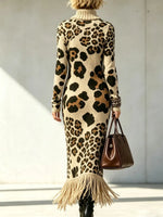 Retro Leopard Pattern Tassel Patchwork Art Print Casual Stylish Long Sleeve Knitted Dress